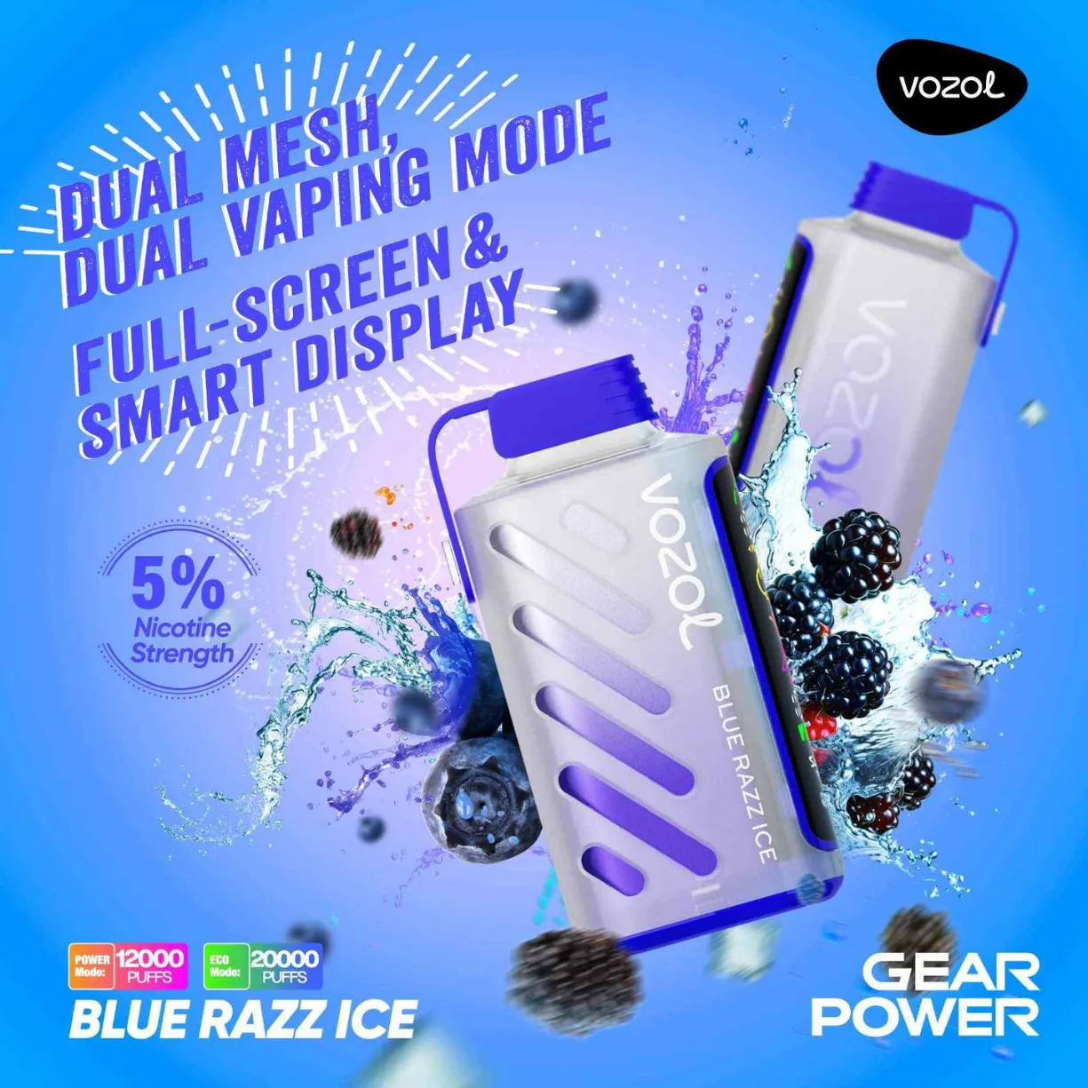 vozol gear power 20k blue razz ice